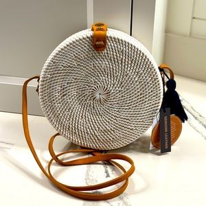 Rattan Circle Purse with Leather Strap